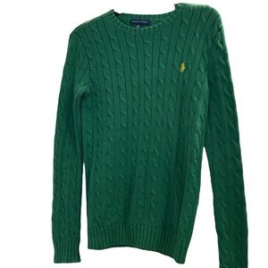Ralph Lauren Green Cable Knit Crewneck Sweater with Yellow Pony